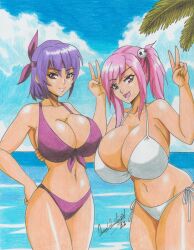 2022 2girls ayane_(doa) big_breasts bikini cleavage commission dead_or_alive dead_or_alive_xtreme_beach_volleyball female female_only honoka_(doa) huge_breasts multiple_girls pencil_(artwork) pink_eyes ravern_clouk tagme