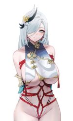 belly belly_button big_breasts blue_eyes breasts child_bearing_hips earring earrings eye_behind_hair genshin_impact hair_covering_eye hair_ornament hair_over_one_eye hands_behind_back hips huge_breasts large_breasts light_blue_eyes lips makeup pale pale_skin shenhe_(genshin_impact) silver_hair tagme thick thick_thighs thighs tied_up tummy underboob white_hair wide_hips yamiiv