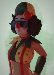 3d 3d_(artwork) bebey_(streamer) belly breasts brown_hair choker clown clown_girl clown_makeup clussy_bebs cuffs dark_hair medium_breasts polka_dot polka_dot_hat polka_dot_topwear rule_63 sunglasses suspenders youtube youtuber владимир_мелёшкин деградач