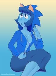 1girls animal_hood blue_hair blue_skin fanning_self gem gem_(species) hood_up hoodie lapis_lazuli_(gem) lapis_lazuli_(steven_universe) long_skirt medium_breasts neversaywhere no_bra short_hair skirt solo sonic_(series) sonic_the_hedgehog_(cosplay) steven_universe sweat sweatdrop unzipped unzipped_jacket