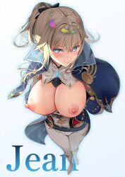 alternate_breast_size asahina_hikage belt black_bow blonde_female blonde_hair blue_eyes boots bow breasts breasts_out cape capelet character_name closed_mouth commentary_request detached_collar female full_body gem genshin_impact gloves highres jean_gunnhildr knee_boots large_breasts lips long_hair nipples pants shiny shiny_hair shiny_skin sidelocks simple_background solo strapless white_background white_footwear