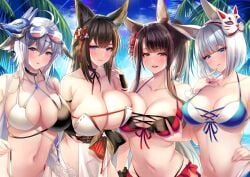 2021 4girls ahoge akagi_(azur_lane) akagi_(paradise_amaryllis)_(azur_lane) amagi_(azur_lane) amagi_(wending_waters_serene_lotus)_(azur_lane) animal_ears azur_lane bangs bikini black_bikini black_hair blue_bikini blue_eyes blue_sky blunt_bangs bob_cut breasts brown_eyes cat_mask closed_mouth cloud day eyewear_on_head fox_mask grabbing hair_between_eyes hand_on_hip kaga_(azur_lane) kaga_(everlasting_killing_stone)_(azur_lane) large_breasts light-skinned_female light_skin long_hair looking_at_viewer mask mask_on_head multiple_girls navel official_alternate_costume open_mouth outdoors purple_eyes red_bikini sakura_empire_(azur_lane) self_fondle short_hair silver_hair sky smile sunglasses swimsuit tosa_(azur_lane) tosa_(hometown_zest)_(azur_lane) two-tone_bikini white_bikini white_hair yukinimaru