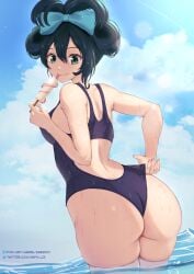 1girls ass ass_focus beach big_ass big_butt breasts female female_only long_hair looking_at_viewer looking_back my_hero_academia nsfw_oa ocean one-piece_swimsuit outdoors outside popsicle solo solo_female swimsuit tsuyu_asui