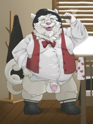 2022 anthro balls belly big_belly bluewhale127 bow_tie clothing detailed_background domestic_cat facial_hair felid feline felis flaccid genitals hi_res humanoid_genitalia humanoid_hands humanoid_penis inside kemono male male_focus male_only mammal mature_male moustache overweight overweight_male penis pink_nose pubes shirt solo topwear white_body