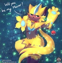 absurd_res anthro blush claws collar dialogue female genitals grass hi_res leash legendary_pokémon lying nintendo particle_effects paws plant pokéball pokémon_(species) pokemon pussy reaching_towards_viewer senz smile solo text video_games zeraora