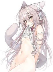 animal_collar animal_ears bare_shoulders bottomless bow breasts camisole camisole_lift cat_ears cat_girl cat_tail collar ear_ribbon expressionless female grey_hair hair_ribbon lifted_by_self long_hair mouth_hold navel nikuya_(nikuniku_nikuya) no_bra one_side_up original ribbon simple_background sketch small_breasts stomach strap_slip tail very_long_hair white_background white_camisole yellow_eyes