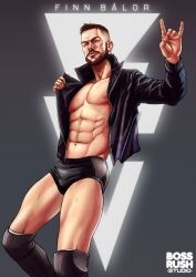 1boy athlete bulge caucasian caucasian_male celebrity finn_balor ian_fay_art male male_only muscles muscular muscular_male open_shirt peace_sign posing real_person solo solo_male wrestler