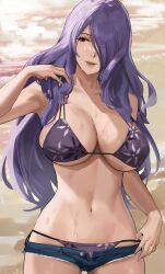 1girls alternate_costume armpits bare_arms bare_shoulders big_breasts bikini breasts camilla_(fire_emblem) cleavage collarbone cowboy_shot day female fire_emblem fire_emblem_fates hair_over_one_eye hartman_hips highres j@ck jean_shorts large_breasts long_hair looking_away looking_to_the_side navel nintendo outdoors parted_lips purple_bikini purple_eyes purple_hair purple_swimsuit skindentation smile solo stomach swimsuit very_long_hair wet