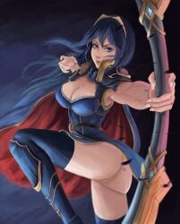 1girls adapted_costume alternate_costume ass bare_thighs big_ass blue_eyes blue_hair boots bow_(weapon) breasts cleavage cleavage_cutout female female_only fire_emblem fire_emblem_awakening fire_emblem_heroes large_breasts looking_at_viewer lucina_(fire_emblem) lucina_(glorious_archer)_(fire_emblem) neileenre nintendo official_alternate_costume panties pelvic_curtain pelvic_curtain_lift riestare skirt_lift solo thighhighs thighs tiara underwear upskirt weapon wind_lift yellow_panties