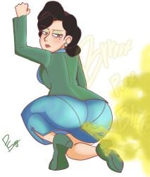 1girls asian asian_female ass big_ass big_butt blue_dress embarrassed fart fart_cloud fart_fetish farting female female_only fully_clothed green_coat looking_back mature_female milf ming_lee pantylines solo thepervysage turning_red