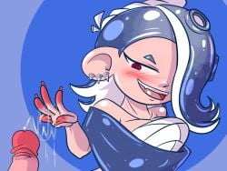 after_handjob artlaccer_(artist) bandage blue_hair blue_theme deep_cut_(splatoon) looking_at_penis nintendo octoling penis penis_out precum precum_bubble precum_trail red_eyes shiver_(splatoon) smiling splatoon splatoon_(series) splatoon_3 suggestive suggestive_smile