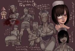 big_ass big_breasts blood blush bob_cut brown_hair bubble_head_nurse cleavage dark_hair demon_nurse eileen_galvin eye_patch female female_focus grey_body grey_skin japanese_text monster monster_girl mosaic_censoring multiple_images multiple_scenes nurse nurse_(silent_hill) nurse_cap nurse_uniform panties pyramid_head sashizume_soutarou short_dress silent_hill silent_hill_(film) silent_hill_2 silent_hill_3 silent_hill_4 tight_clothing veins white_panties