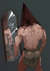 apron back_muscles bigbaraboi blood blood_stain bubble_butt dead_by_daylight everyone_is_so_mean_2_me humanoid loincloth looking_at_self male male_only mirror monster muscular muscular_male pyramid_head reflection side_slit silent_hill solo standing topless topless_male waist_apron