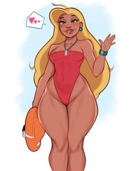 1girls 2022 big_thighs blonde_female blush breasts covered_navel dark-skinned_female dark_skin disney female female_focus female_only highleg human jakuson_z large_thighs lifeguard_(lilo_and_stitch) lilo_and_stitch neckwear nipple_bulge one-piece_swimsuit pear_shaped rescue_buoy solo thick_thighs thighs thunder_thighs thunderthighs wide_hips wristwear