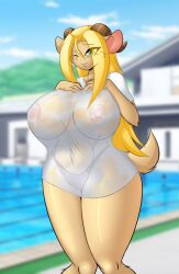 1girls 2022 amanda_(mastergodai) anthro areolae bikini_bottom blonde_hair bovine breasts female female_only furry goat huge_breasts long_hair looking_at_viewer mastergodai nipples pool rascals see-through solo thick_thighs upstairstudios wet_clothes wide_hips wink