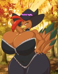 1girls 2022 anthro avian breasts brown_fur chicken cleavage female female_only furry hand_on_hip huge_breasts looking_at_viewer mastergodai original original_character ruthie_(grimmagent) solo thick_thighs wide_hips witch_hat