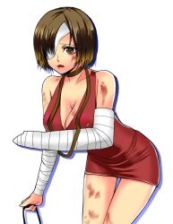 arm_sling bandages bare_shoulders bent_over big_breasts blood_stain bob_cut broken_arm brown_eyes brown_hair cast choker cleavage eileen_galvin eye_patch female female_only hair_over_one_eye injured injury leaning_forward looking_at_viewer red_dress ryona short_dress short_hair silent_hill silent_hill_4 solo thigh_gap worried wounded