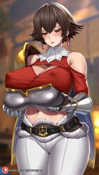 1girls armor bare_shoulders belly belly_button belt big_breasts blush blushing breastplate breasts brown_eyes brown_hair busty cape curvaceous curves curvy curvy_body curvy_female curvy_figure curvy_hips earring earrings enmanuelart20 female female_only fiorayne french hips huge_breasts knight large_breasts lips monster_hunter monster_hunter_rise mouth_open nipple_bulge nipples_visible_through_clothing shiny_skin short_hair shoulder_armor shoulder_plate shoulder_plates shoulders smooth_skin sweatdrop thick thick_thighs thigh_gap thighs tight_pants tomboy tummy wide_hips