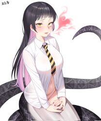 1girls 1monster belly belly_button big_breasts black_hair breasts dark_hair lamia large_breasts lips matdoljangin monster monster_girl mouth_open multicolored_hair pink_hair scales scaly_tail snake snake_girl snake_humanoid snake_lower_body snake_tail tagme thick tie tummy white_background yellow_eyes