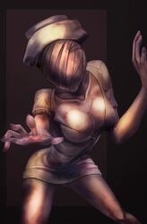 2d 2d_(artwork) bandaged_head bandages big_breasts breasts bubble_head_nurse cleavage creepy female female_only horror humanoid minidress monster monster_girl no_bra nurse nurse_(silent_hill) nurse_cap nurse_uniform open_clothes outstretched_arm reaching_out short_dress silent_hill solo