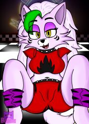 bonnu clothed five_nights_at_freddy&#039;s five_nights_at_freddy&#039;s:_security_breach furry green_hair pink_fur pink_hair roxanne_wolf_(fnaf) scottgames sitting watermark yellow_eyes