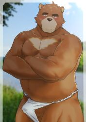 1boy 2022 absurd_res anthro asian_clothing balls belly blush brown_body bulge clothing east_asian_clothing fundoshi genitals hi_res japanese_clothing juuichi_mikazuki kemono male male_only mammal morenatsu musclegut outside solo suro964708 underwear ursid video_games visual_novel white_clothing white_fundoshi white_underwear