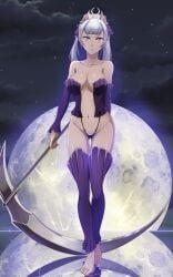 1girls barefoot big_breasts black_clover black_panties breasts cosplay crossover crossover_cosplay crown earrings feet female full_body full_moon g-string hi_res kuroinu_~kedakaki_seijo_wa_hakudaku_ni_somaru~ looking_at_viewer moon noelle_silva olga_discordia olga_discordia_(cosplay) panties partially_clothed purple_eyes scythe silver_hair skimpy smile the_amazing_gambit thigh_gap thighhighs thighs thong twintails weapon wide_hips