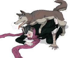 anal anal_sex black_hair bodily_fluids bottomwear bottomwear_down breath_cloud brown_body brown_fur canid canine canis clothed clothing danganronpa danganronpa_2:_goodbye_despair digital_media_(artwork) drooling duo eye_scar facial_scar feral feral_penetrating feral_penetrating_human feral_penetrating_male footwear from_behind_position fur grey_body grey_fur gundham_tanaka hair hand_wraps human human_on_feral human_penetrated interspecies light_body light_skin male male/male male_on_feral male_penetrated male_penetrating male_penetrating_male mammal mounting multicolored_body multicolored_fur obscured_penetration obscured_sex pants pants_down partially_clothed penetration penile penile_penetration quadruped saliva scar scarf sex sharp_teeth shoes simple_background source_request super_danganronpa_2 sweat teeth tongue tongue_out topwear two_tone_body two_tone_fur unknown_artist white_background wolf wraps zoophilia