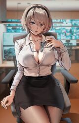 1girls android android_girl big_breasts black_hairband black_legwear black_skirt blonde_female blue_eyes breasts business_attire business_casual business_woman buttoned_shirt chair cleavage computer computer_chair computer_keyboard computer_monitor computer_screen female female_only foxy_rain_(foxyreine) foxyrain_(foxyreine) foxyreine front_view grey_hair hair_bow hairband hips indoors inside large_breasts legwear light-skinned_female light_skin lips looking_at_viewer nier nier:_automata nier_(series) office office_chair office_lady pantyhose revealing robot robot_girl robot_humanoid shirt short_hair silver_hair sitting sitting_on_chair skirt small_waist thick thick_thighs thighs tight_clothing white_hair white_shirt yorha_2b