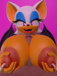 3d animal_ears animal_humanoid anthro bat bat_wings blender cleavage dick eyelashes eyeshadow furry hand_on_hip hypnosis lactating lactation large_breasts lifting_breasts lipstick makeup milk paizuri pink_eyes plain_background pov rouge_the_bat smile sonic_(series) sticki_bun tagme titjob white_fur