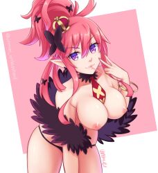 breasts clothed demon demon_girl disgaea disgaea_5 nippon_ichi_software peace_sign pink_hair pocky purple_eyes seraphina_(disgaea) tie unmei