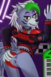 absurd_res anthro anus ass belt bodily_fluids bracelet canid canine canis clothing clothing_aside clothing_pull collar ear_piercing facial_markings female fingers five_nights_at_freddy's five_nights_at_freddy's:_security_breach genital_fluids genitals green_hair grey_body hair hand_on_butt hand_on_wall head_markings hi_res jewelry kazrune keyboard_instrument keytar leather leather_clothing lipstick looking_at_viewer looking_back makeup mammal markings musical_instrument piercing presenting presenting_anus presenting_hindquarters presenting_pussy purple_pussy pussy roxanne_wolf_(fnaf) scottgames smile solo spiked_belt spiked_bracelet spiked_collar spikes teeth video_games white_hair wolf yellow_eyes