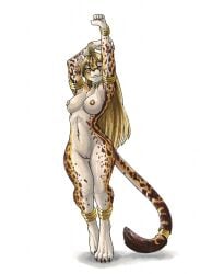 2020 accessory anklet anthro blonde_hair bracelet breasts brown_body brown_fur cheetah chest_tuft collar ewgengster_(artist) felid feline female fur furgonomics genitals hair half-closed_eyes hi_res jewelry looking_at_viewer mammal narrowed_eyes navel navel_piercing nipple_piercing nipple_ring nipples nude orange_body orange_fur piercing pink_nipples pose pussy ring_piercing simple_background solo standing stretching tail_accessory tailband tuft white_background white_body white_fur yellow_eyes