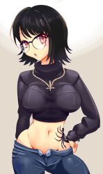 belly_button big_breasts big_hips black_hair black_shirt breasts cross_necklace female glasses hand_on_hip jeans looking_at_viewer medium_hair midriff mouseebuns necklace open_mouth pulled_up_shirt red_eyes tagme tattoo taut_clothes taut_shirt tight_clothing turtleneck turtleneck_sweater unbuttoned_pants white_background