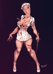 1girls 2d 2d_(artwork) aleksandrgav bald big_breasts blood blood_stain cleavage cuts deformed faceless female female_only full_body guro humanoid injury knife minidress monster monster_girl no_bra nurse nurse_(silent_hill) nurse_cap nurse_uniform open_clothes painting_(artwork) short_dress silent_hill silent_hill_(film) silent_hill_homecoming solo stab stabbed standing veins veiny weapon wounded