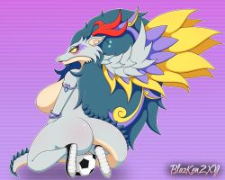 2022 amber_eyes anthro big_breasts big_butt blazkenzxy blush bodily_fluids digital_drawing_(artwork) digital_media_(artwork) dragon eastern_dragon eyelashes facial_markings female football_(ball) genitals hi_res horn inazuma_eleven_(series) inazuma_eleven_go jewelry kneeling lipstick long_hair looking_at_viewer looking_back presenting_hindquarters pussy scalie shoes_only signature simple_background solo two_tone_body video_games wings