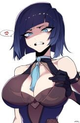 1girls angry angry_expression angry_eyes angry_face beauty_mark beauty_mark_on_breasts big_breasts blue_eyes blue_hair bob_cut breasts busty clenched_teeth disgust disgusted disgusted_look female female_only furious genshin_impact gloves hand_on_breast j.k. large_breasts mole mole_on_breast mouth_open teeth teeth_showing thin_waist tits vein_pop white_background yelan_(genshin_impact)