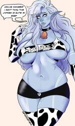 bell bell_collar blue_skin cow_girl cow_print cow_print_thighhighs cowbell curvy curvy_body curvy_female curvy_figure elf elf_ears elf_female elf_girl horn horns neilbdoodles oc original original_character pointy_ears smile smiling solo solo_female solo_focus text toned toned_female white_hair