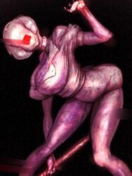 2d 2d_(artwork) arched_back bent_over big_breasts black_background blood breasts bubble_head_nurse cleavage collar creepy eyeless female female_only gloves horror huge_breasts humanoid minidress monster monster_girl nurse nurse_(silent_hill) nurse_cap nurse_uniform restricted_palette short_dress silent_hill silent_hill_2 smile solo tight_clothing weapon