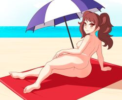 1girls ass atlus beach beach_towel beach_umbrella casual chemical_bro completely_nude completely_nude_female female female_only full_body human kujikawa_rise naked naked_female nipples nude nude_female nudist pale_skin persona persona_4 public retropunch sideboob solo solo_female tagme