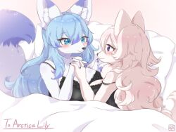 anthro big_breasts blue_eyes blue_hair blush blush_lines blushing breasts female fox fox_ears fox_girl furry holding_hands in_bed koto0v0haru lace-trimmed_bra long_hair looking_at_another love lovers purple_eyes romantic romantic_couple tagme tail white_hair wholesome