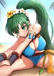 1girls bikini blue_bikini female female_only fire_emblem fire_emblem:_the_blazing_blade fire_emblem_heroes flower gonzarez green_eyes green_hair hair_flower hair_ornament high_ponytail highres long_hair lyn_(fire_emblem) lyn_(summer)_(fire_emblem) nintendo official_alternate_costume ponytail side-tie_bikini solo strapless strapless_bikini swimsuit very_long_hair