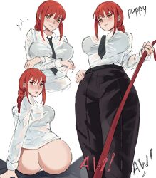 1boy 1girls ass big_ass big_breasts big_butt blush bottomless bra bra_visible_through_clothes breasts chainsaw_man english_text eye_contact female femdom fully_clothed looking_at_viewer makima_(chainsaw_man) mituee orange_eyes red_hair sitting sitting_on_lap text thick_thighs thighs transparent_clothing