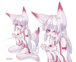 absurdres animal_ears bangs bare_shoulders barefoot blush commission cum cum_on_hair detached_sleeves female fox_ears fox_girl fox_tail furry furry_female grey_hair grey_tail highres jacket long_hair looking_at_viewer multiple_views naked_jacket original popopoka red_eyes shiny shiny_hair sitting skindentation tail tongue tongue_out white_jacket