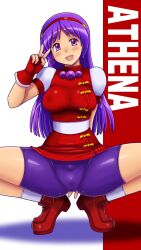 1girls athena_asamiya big_breasts big_cameltoe blush breasts busty cameltoe chinese_clothes female female_only fingerless_gloves gloves highres king_of_fighters large_breasts legs long_hair open_mouth purple_eyes purple_hair smile snk solo squatting thick_thighs thighs tsumitani_daisuke v