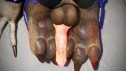 16:9 2022 3_toes 3d_(artwork) 3dsmax 4k absurd_res animal_genitalia animal_penis anthro balls blizzard_entertainment brown_body brown_fur canid canine_penis claws close-up clothing digital_media_(artwork) erection feet fingers fur genitals hi_res male male_only mammal mottled mottled_genitalia mottled_penis pawpads paws penis purple_clothing solo text thatworgen toes url video_games warcraft watermark were werecanid widescreen worgen