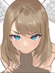 1boy 1girls blonde_hair blue_eyes cute dark-skinned_male dark_skin dh-zone eunie_(xenoblade) eye_contact fellatio head_wings hetero light-skinned_female light_skin looking_at_viewer male_pov nintendo oral pov sweat taion_(xenoblade) teenager wings xenoblade_(series) xenoblade_chronicles_3