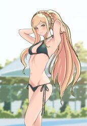 1girls 2022 bikini bikini_bottom bikini_top blonde blonde_female blonde_hair blurry_background blush_lines braided_hair breasts criss-cross_halter danganronpa danganronpa_2:_goodbye_despair danganronpa_s:_ultimate_summer_camp eyebrows eyebrows_visible_through_hair eyelashes eyelashes_visible_through_hair female female_focus female_only green_bikini green_bikini_bottom green_bikini_top green_eyes green_swimsuit hair halterneck long_hair looking_at_viewer medium_breasts midriff navel net outside petite ponytail resort seongkun side-tie_bikini side-tie_swimsuit sky sole_female solo solo_female solo_focus sonia_nevermind straight_hair sunny super_danganronpa_2 swimsuit thin_female thin_waist tree umbrella