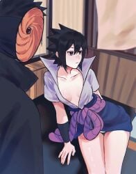 1boy 1boy1girl 1girls armwear bare_legs bare_thighs bimbo black_eyes black_hair breasts cleavage clothed clothing duo duo_focus female fully_clothed gender_transformation genderswap_(mtf) highres indoors inner_sideboob jacket kooiko legs light-skinned_female light_skin mask medium_hair naruto naruto_(series) naruto_shippuden no_bra pale-skinned_female pale_skin panties petite red_eyes rule_63 rule_63 sasuke_uchiha sasuko sharingan short_skirt shoulder_length_hair shounen_jump sitting skimpy skimpy_clothes skirt small_breasts spiky_hair thighs tobi uchiha_obito white_panties