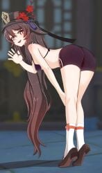 1girls aruman ass bike_shorts brown_hair burgundy_hair butt cute fringe genshin_impact hu_tao_(genshin_impact) leaning_forward long_hair long_twintails looking_at_viewer looking_back mihoyo presenting_ass purple_hair red_eyes small_ass teenager twintails waving